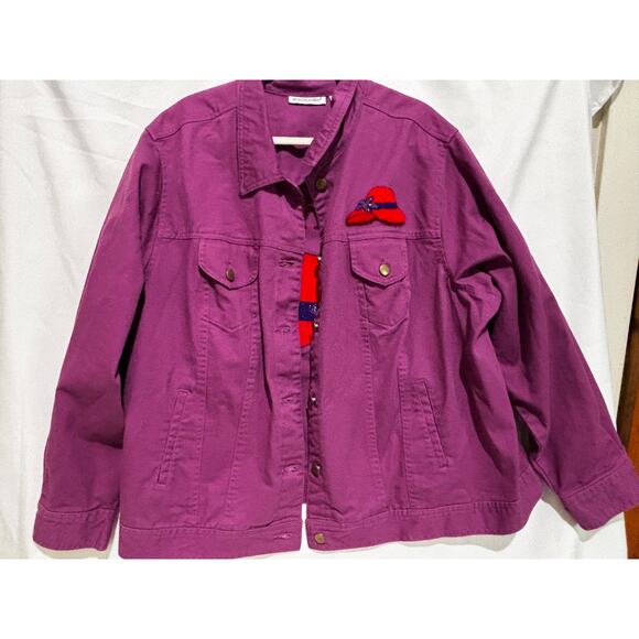 Womens Purple‎ Denim Jacket Coat Red Hat Unique 3D chenille Glam Hattitude sz 26 - Picture 2 of 11